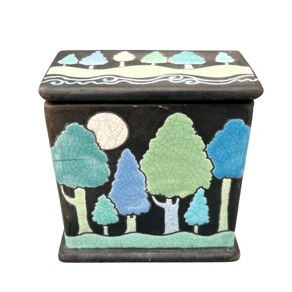 Davis Vachon Handcrafted Raku Pottery Box With Forest Scene Arts & Crafts 4"H - Picture 1 of 9